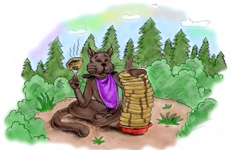 Bobcat eating pancakes